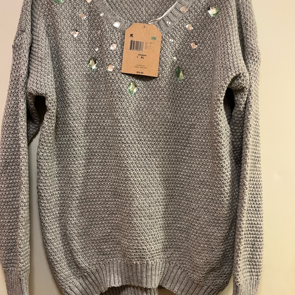 Knit Sweater Gem Accents Gray NEW Size XL